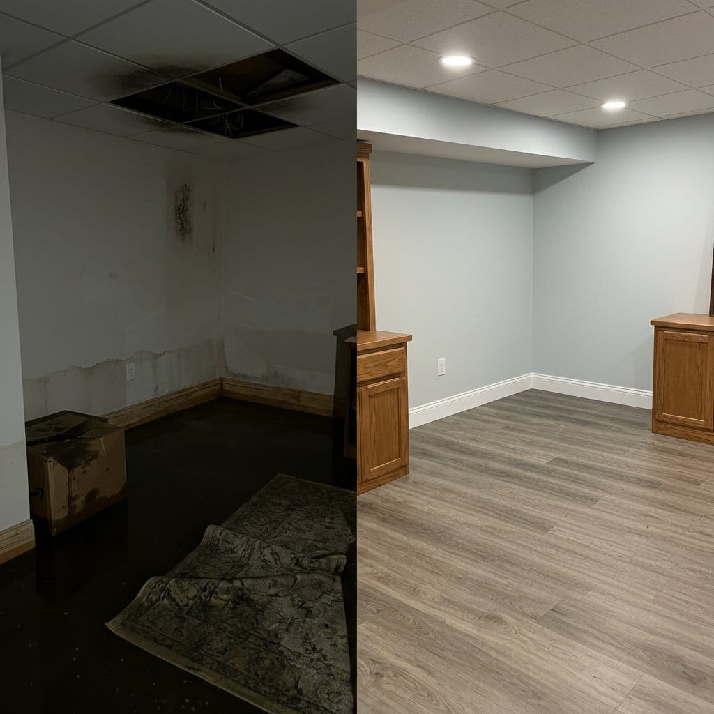 Water Damage Restoration before and after in residential basement, Wyckoff NJ