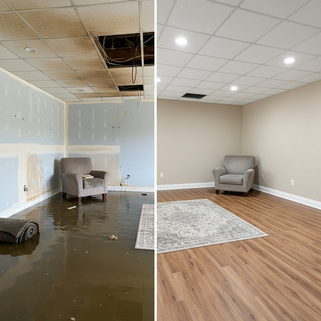 Emergency Water Removal before and after in living room, Wyckoff NJ