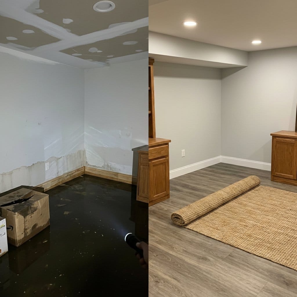 Before and after emergency water removal in Wyckoff two-story residence bedroom