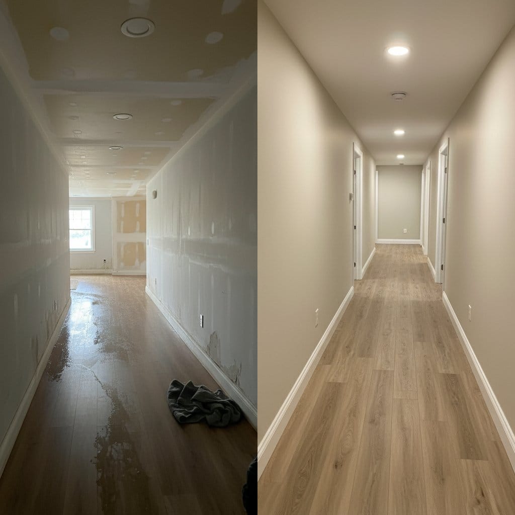 Burst Pipe & Plumbing Leak Damage before and after in hallway, Wyckoff NJ