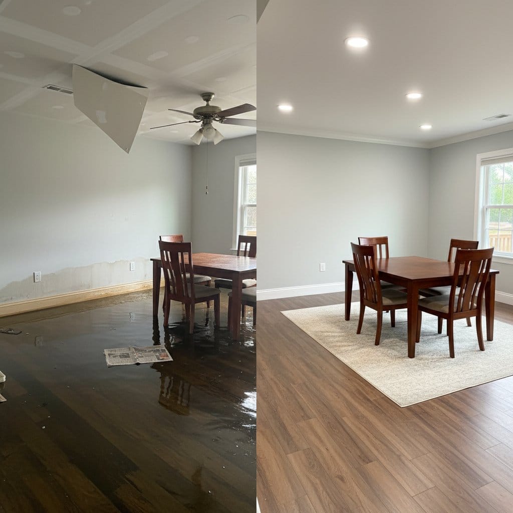 Before and after burst pipe & plumbing leak damage in Wyckoff bungalow dining room