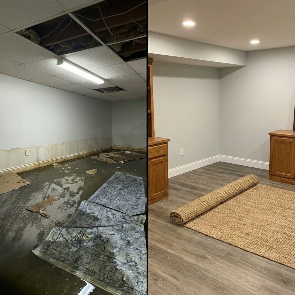 Storm & Roof Leak Water Damage before and after in finished basement, Wyckoff NJ