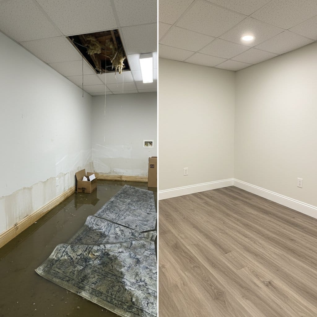 Storm & Roof Leak Water Damage restoration — utility room of split-level home in Wyckoff, NJ