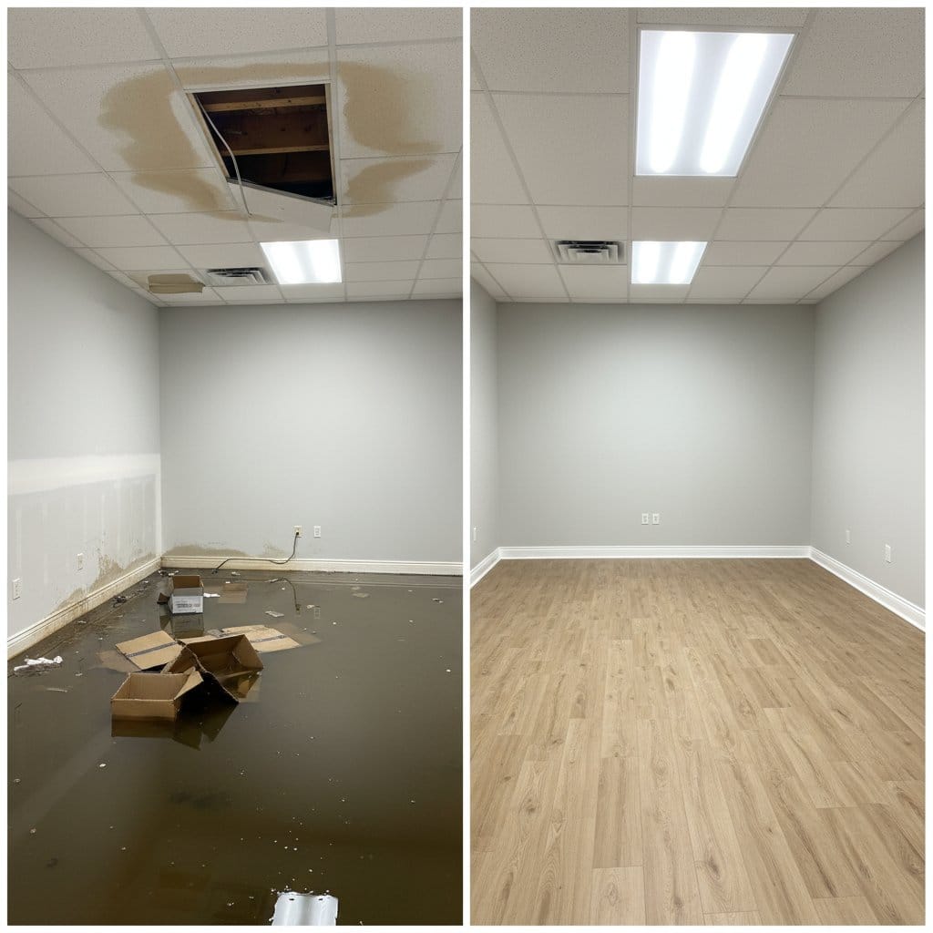 Before and after storm & roof leak water damage in Wyckoff Cape Cod house storefront interior