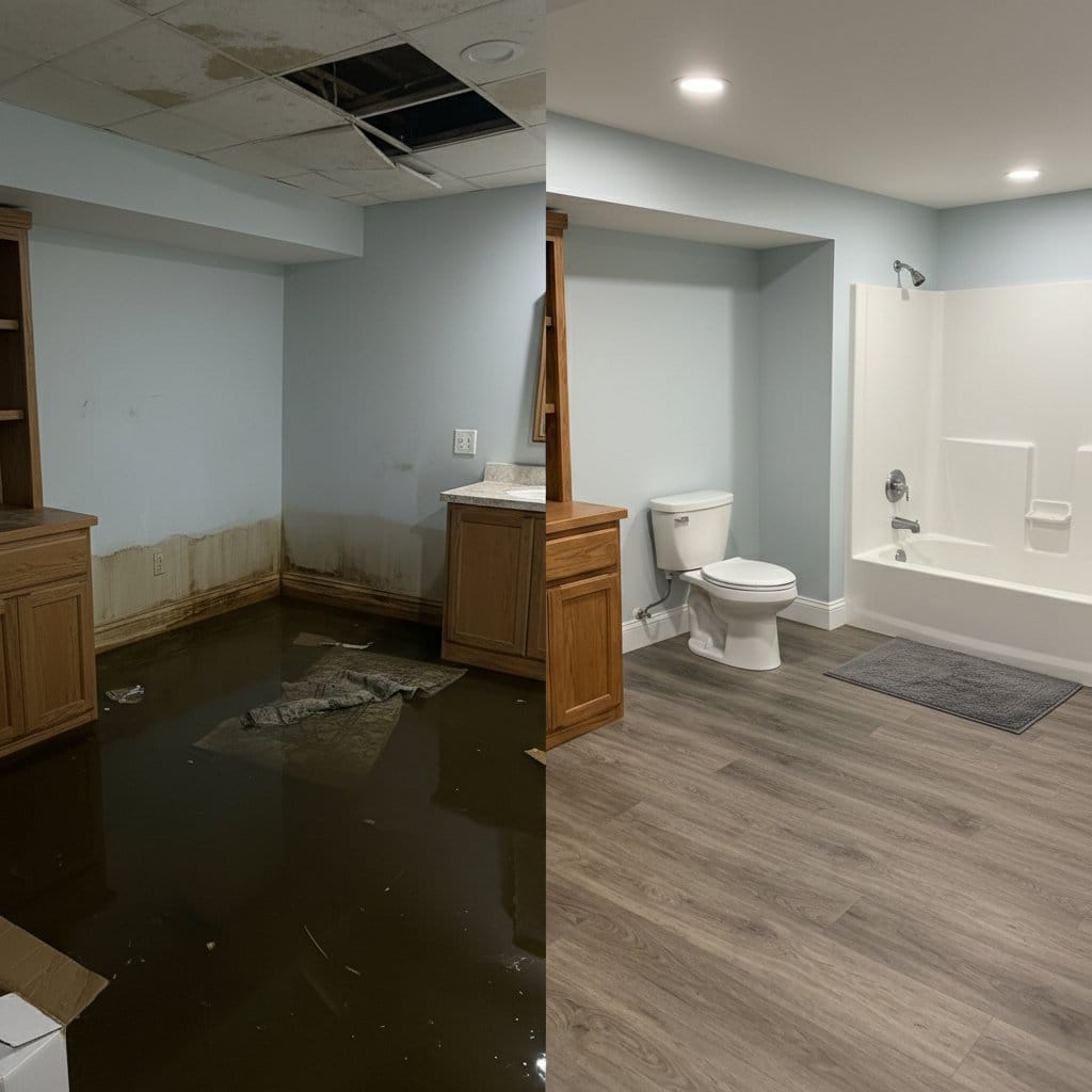 Before and after sewage backup cleanup in Wyckoff private residence bathroom