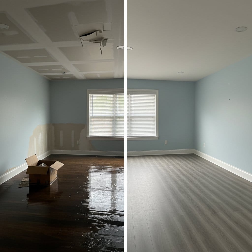 Structural Drying & Dehumidification before and after in living room, Wyckoff NJ