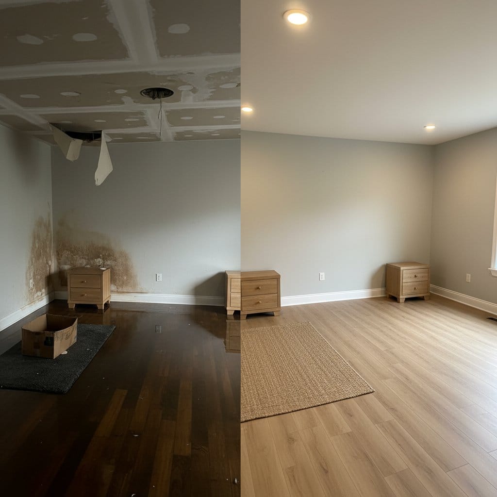 Before and after structural drying & dehumidification in Wyckoff bi-level home bedroom