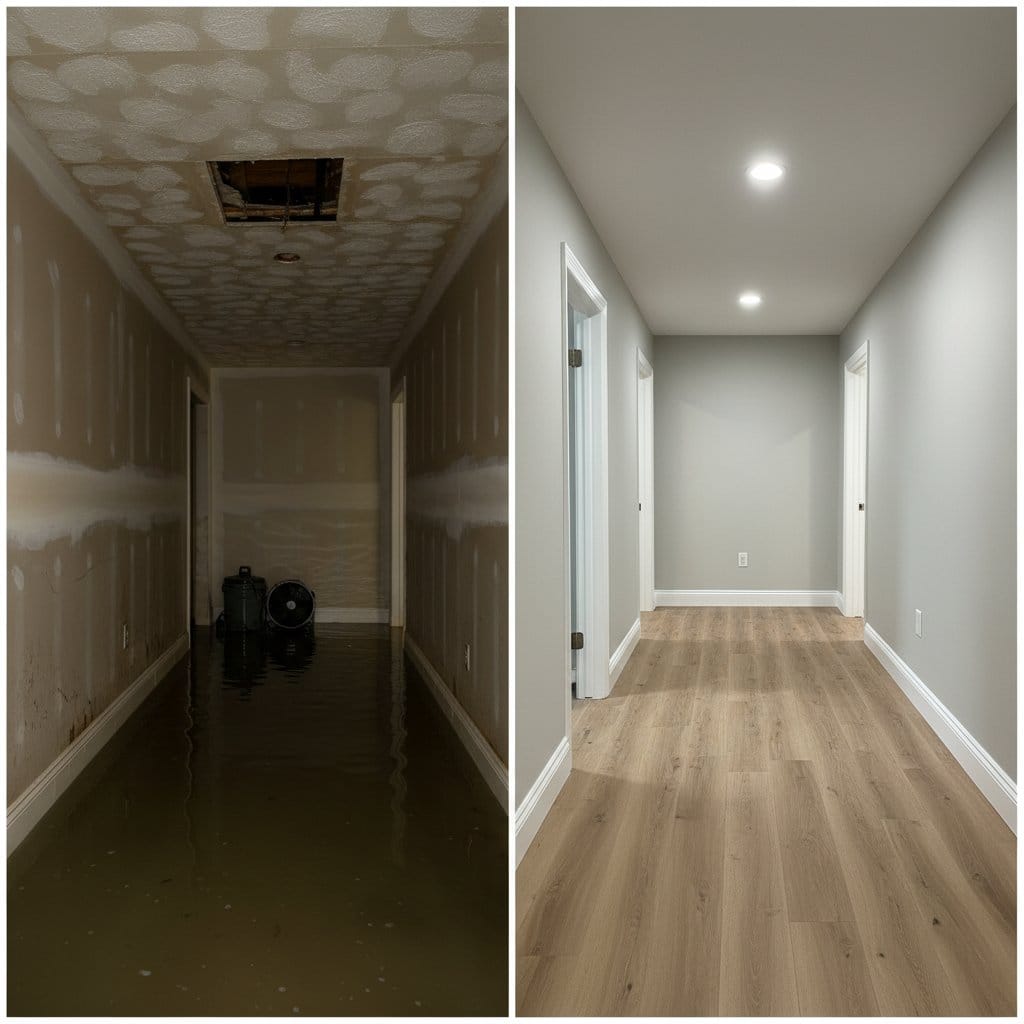 Wall & Ceiling Dry-Out before and after in hallway, Wyckoff NJ