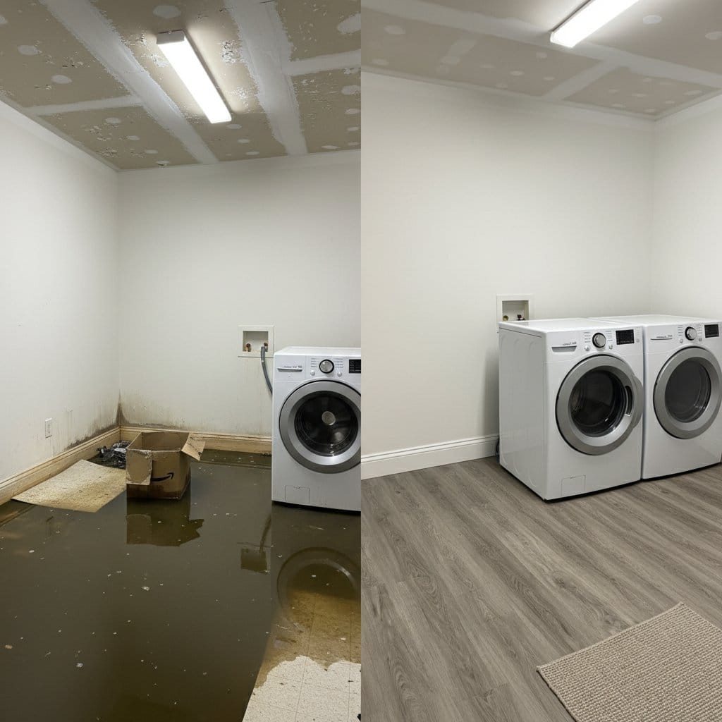 Wall & Ceiling Dry-Out restoration — laundry room of Cape Cod house in Wyckoff, NJ