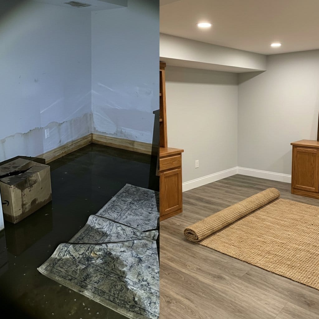 Content Drying & Property Cleanup before and after in finished basement, Wyckoff NJ