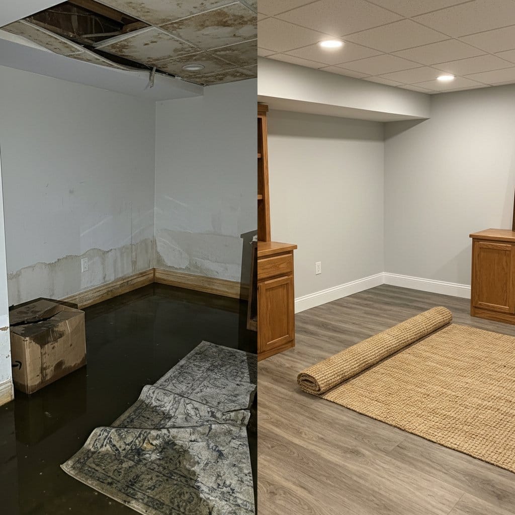 Mold Prevention After Water Damage before and after in residential basement, Wyckoff NJ