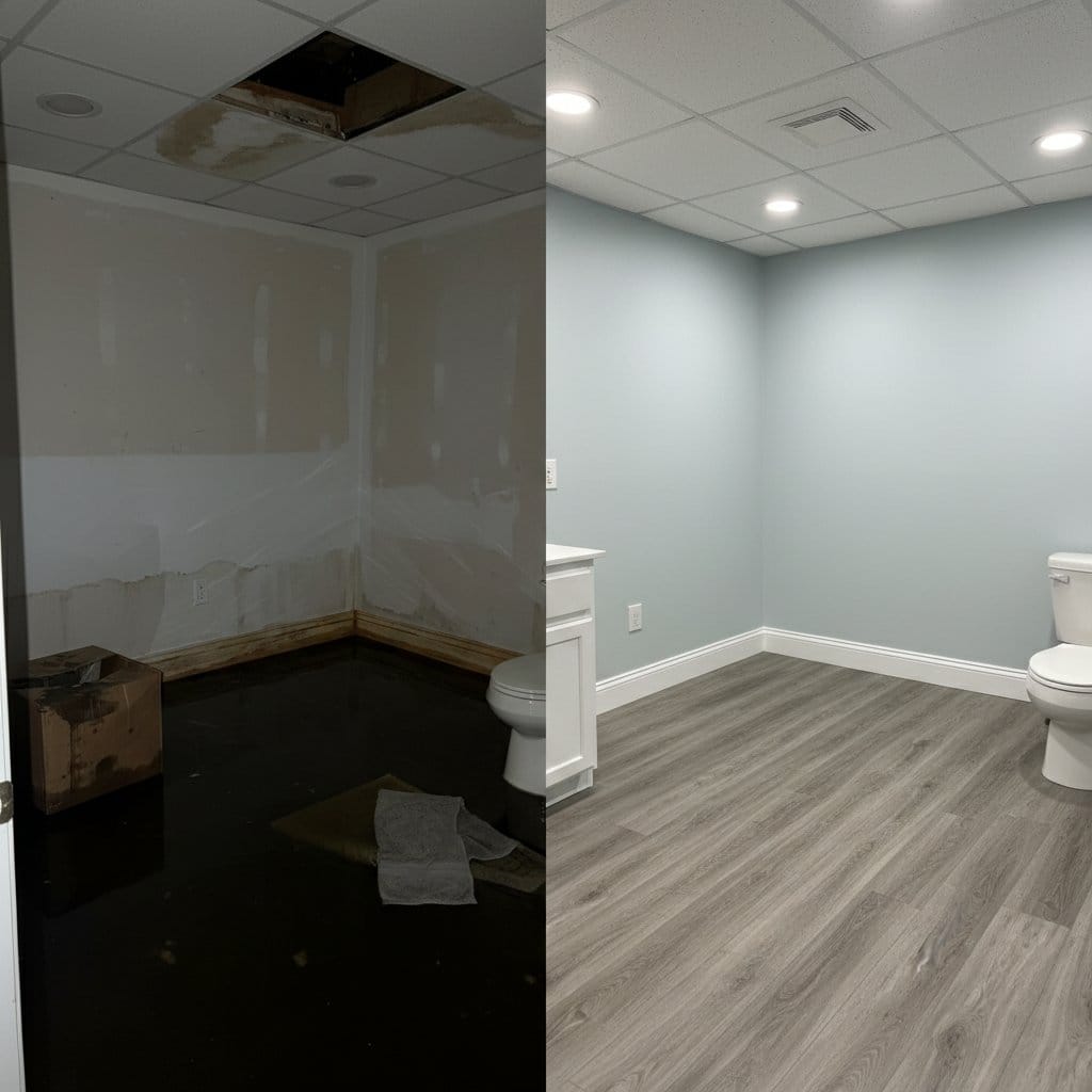 Before and after mold prevention after water damage in Wyckoff Victorian home bathroom